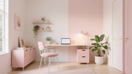 Elegant work from home desk with floating shelves, sleek laptop, and minimalist design. Perfect for contemporary home office and stylish workspace inspiration.

