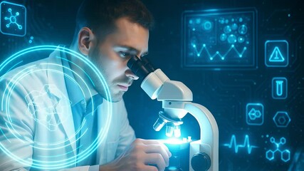 Scientist Using Microscope with Digital Research Icons Representing Biotechnology, Laboratory Analysis and Science Innovation

 - Powered by Adobe