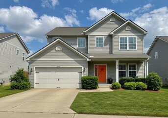 Beautiful Suburban Two Story House Exterior Gray Siding Orange Door Sky Home Yard Lawn Front Modern