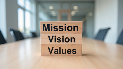 Mission, vision, values displayed on wooden blocks in modern office setting, symbolizing corporate strategy and teamwork