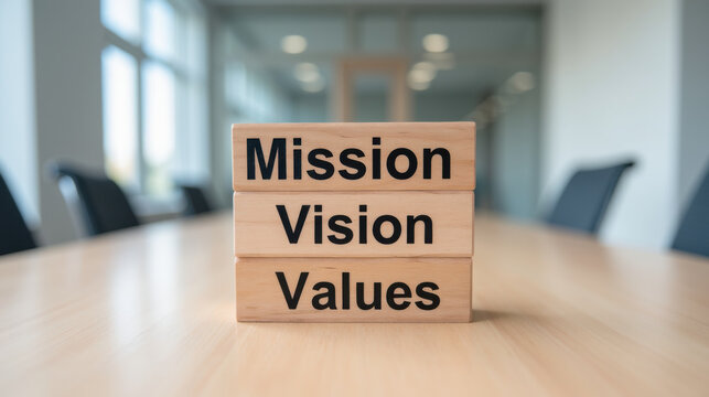 Mission, vision, values displayed on wooden blocks in modern office setting, symbolizing corporate strategy and teamwork