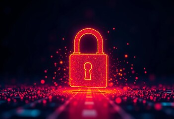 Glowing orange padlock particle effect, abstract digital security concept, digital security, digital