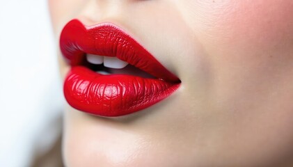 Fototapeta premium Close-up of vibrant red lipstick on pure white , white, red lipstick, make-up