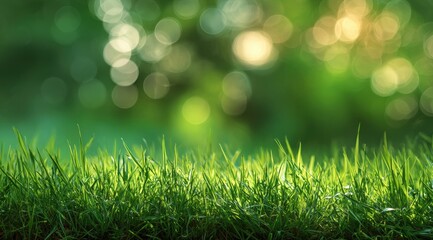 Obraz premium Lush green grass foreground, out-of-focus verdant background