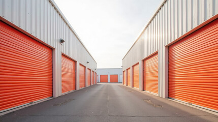 Storage units, orange doors, metal buildings, outdoor facility, organized space, urban storage