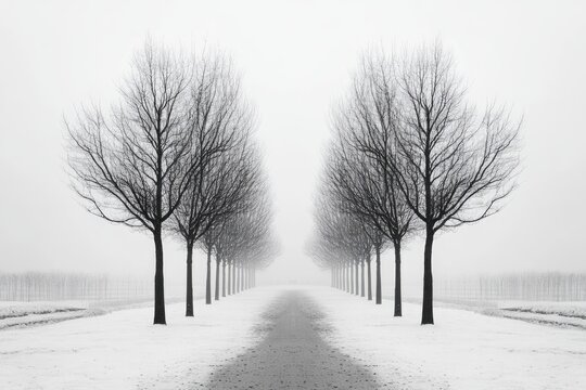 Symmetrical Rows of Snow Covered Trees on Foggy Path