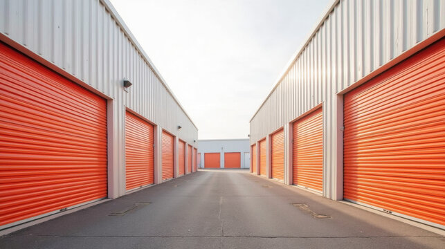 Storage units, orange doors, metal buildings, outdoor facility, organized space, urban storage