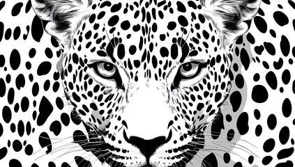 Close-up of a leopard's face, surrounded by its spotted fur pattern in black and white.  Detailed eyes, nose, and fur are visible