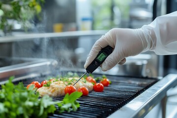Grilling fish and cherry tomatoes; chef checks doneness using a food thermometer