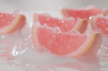 Pink grapefruit slices in water,  with bubbles
