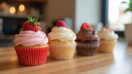 Delicious cupcakes with colorful frosting and fresh strawberries, perfect for any celebration or sweet treat