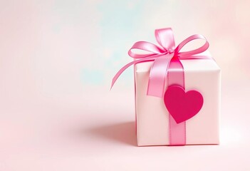 Elegant pink ribbon-adorned gift box with heart detail on pastel background,  love,  elegant