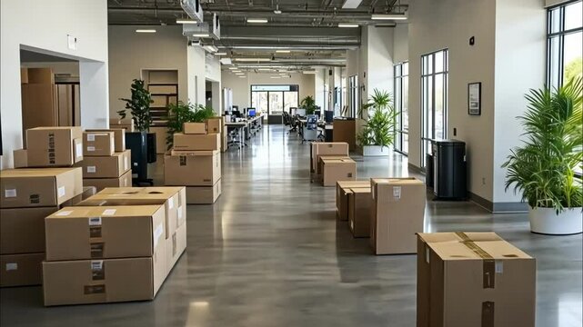 Boxes fill a modern office space during relocation in a corporate setting