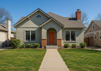 Fototapeta premium Beautiful Suburban House Exterior Orange Door Green Lawn Sky Home Grey Blue Brick Plant Trees Garden