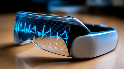 Smartglasses display waveform data digitally on wooden surface closeup