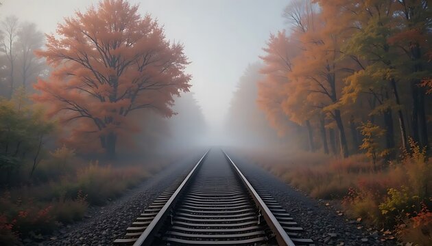 Eerie fog hangs over railway tracks cutting through an autumn forest with colorful foliage.