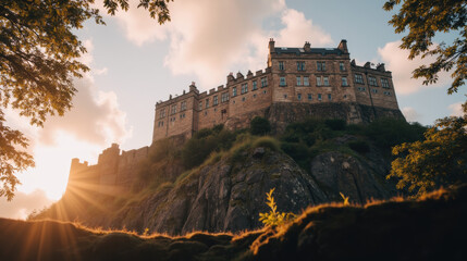 Fototapeta premium majestic castle perched on rocky hill, bathed in warm sunlight, surrounded by lush greenery and serene sky