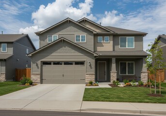 Modern Gray Two Story House Exterior Suburban Home Real Estate Lawn Roof Stone Front Design Family