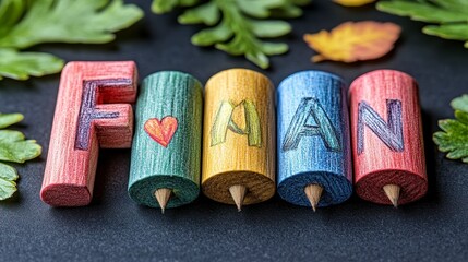 Colorful wooden letter crafts on dark surface with green leaves above, decorative, bright