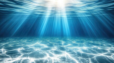 Sunbeams penetrate a deep blue ocean, illuminating the seabed with shimmering light