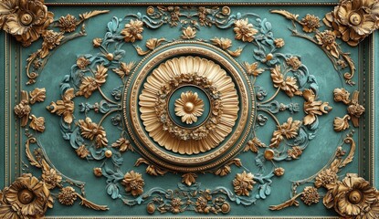 Ornate ceiling medallion in teal and gold.  Intricate floral and scrollwork designs surround a central rosette