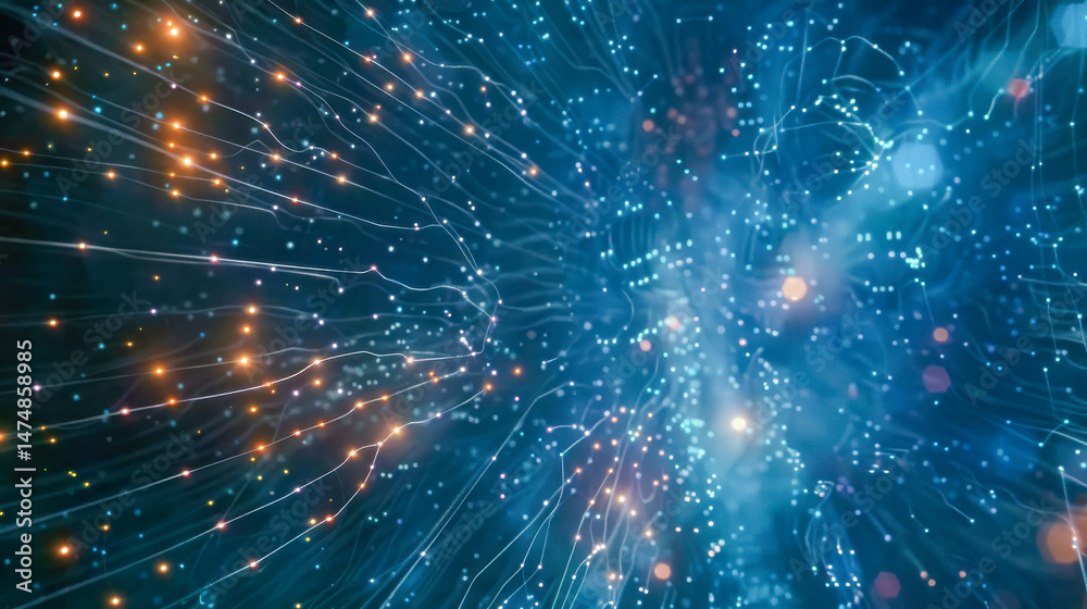 Poster digital abstract background of interconnected glowing particles and flowing neural strands, symboliz