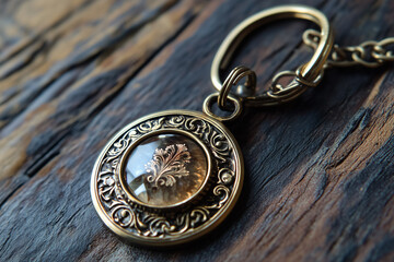 Fototapeta premium Close up Key Chain With Floral Design On Wood Background