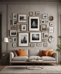 Stylish living room; eclectic gallery wall, diverse frame shapes, simple, match