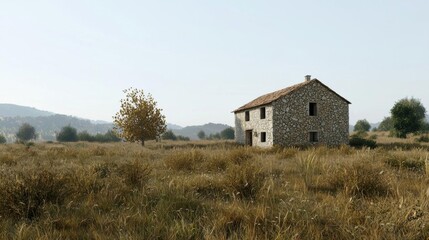 Obraz premium Old stone house in the middle of a field. the house is made of small, irregularly shaped stones and has a sloping roof. it appears to be abandoned and is surrounded by tall grass and shrubs.
