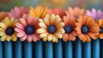 Vibrant daisies bloom, colorful petals resting on a textured blue surface