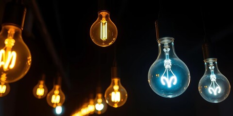 Glowing light bulbs illuminate a dark background, suggesting innovative business education, training, concept
