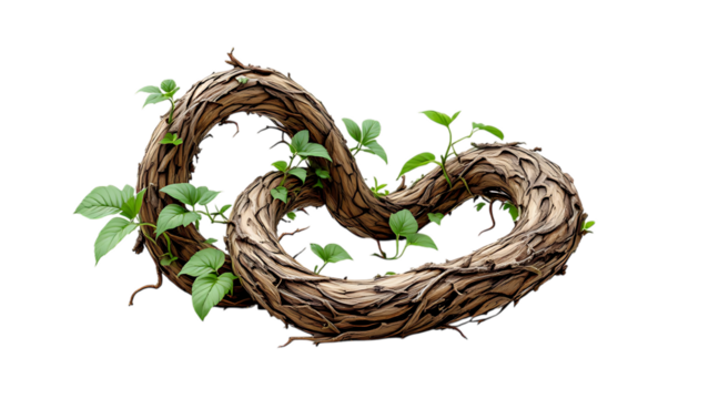 Wooden vine forming an infinity symbol with green leaves.