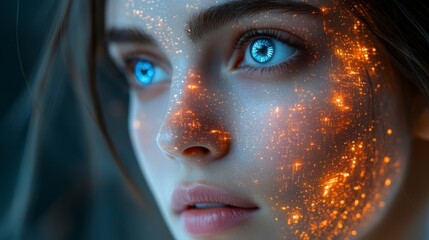 Glowing particles adorn a woman's face; mesmerizing blue eyes gaze outward