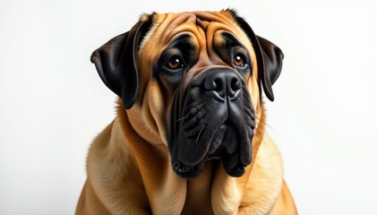 Obraz premium Imposing mastiff, head tilted, pure white backdrop, dog, dog image, white background photography