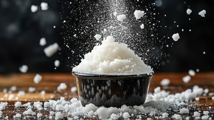Salt crystals scatter from a small black bowl on a textured wooden surface