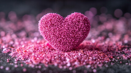 Fototapeta premium A glowing pink heart made of particles, set against a dark background with a pink glow effect. The composition is symmetrical, with the heart as the central focus, and the edges are blurred, 