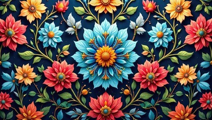 Intricate floral textile design, repeating motif, nature, blossom, pattern