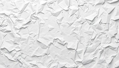 Wide panorama of crumpled white and gray paper; a textured background of crushed, creased, and wrinkled paper, surface, texture