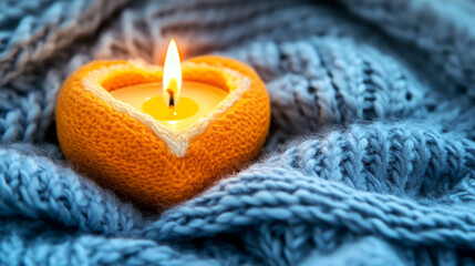 A heart-shaped candle in the shape of an orange, burning on top and casting warm light onto soft blue knitted fabric, creating a cozy atmosphere for Valentine's Day.