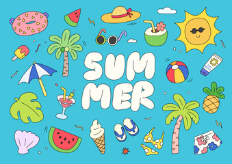 set of hand draw summer and beach concept, illustration doodle art style, graphic element such as, coconut tree, ball, beach, watermelon, icecream, sun, bikini