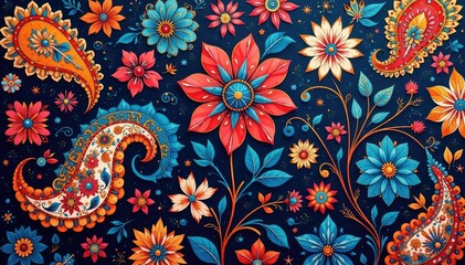 Intricate paisley floral pattern in vibrant hues, textile, design, luxury