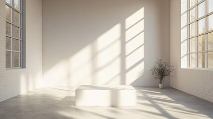 Fototapeta premium Sunlit minimalist room with a white cube platform