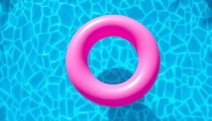 Pink inflatable ring floats on blue pool water, mosaic tile surround Top view, outdoor, aqua
