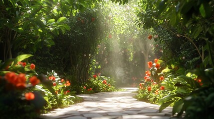 Sunlit stone path through lush garden with red flowers and green foliage above