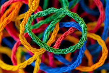Close Up Of Brightly Colored Elastic Bands Tangled Together