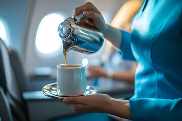 Professional flight attendant gracefully serving steaming coffee to passengers in modern airplane cabin, showcasing attentive service and comfort during travel experience