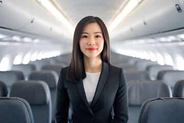 Professional stewardess in elegant uniform standing confidently in spacious airplane cabin with rows of comfortable seats ready for passengers embarking on journey