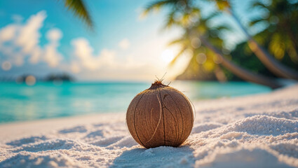 A close-up shot of a ripe coconut sitting on a white sand beach on a sunny day.