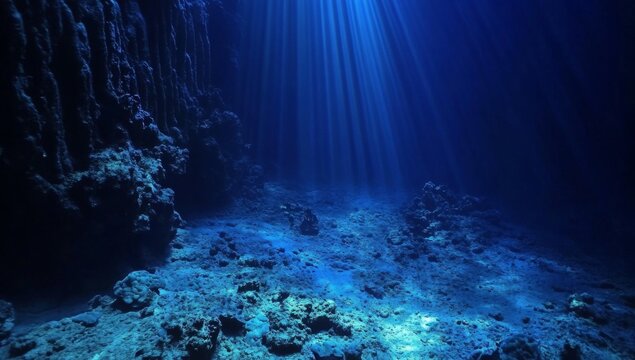 A deep ocean floor with light rays shining down, creating an underwater scene. The water is dark blue, and the sea floor can be seen in focus.