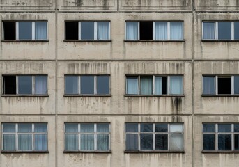 Fototapeta premium Distressed Concrete Building Exterior Facade Urban Windows old grey aged city wall glass frame style